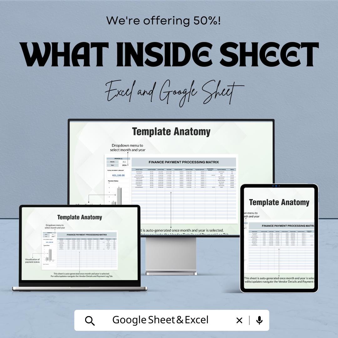 Finance Payment Processing Matrix Template | Payment Log & Vendor Tracker | Transaction Management Sheet | Payment Status Tracker