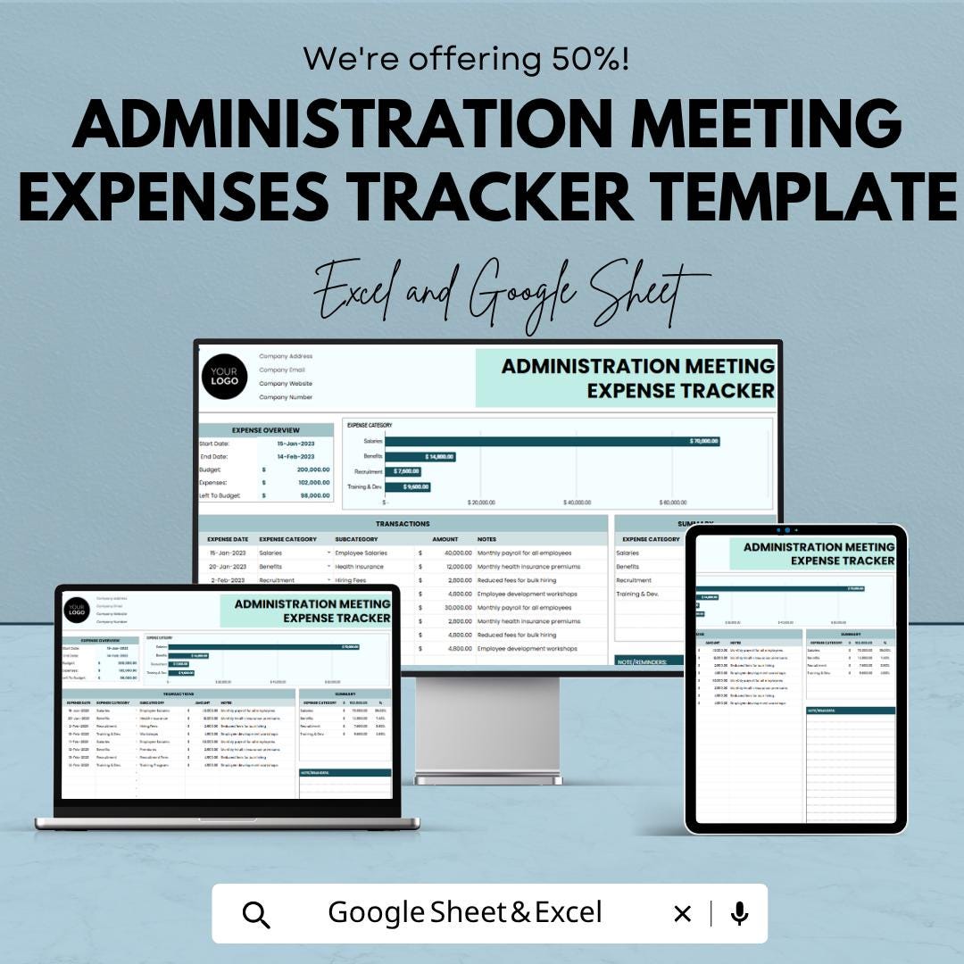 Meeting Expense Tracker | Business Expense Tracker | Budget Planner Spreadsheet | Expense Report Template | Finance Tracker