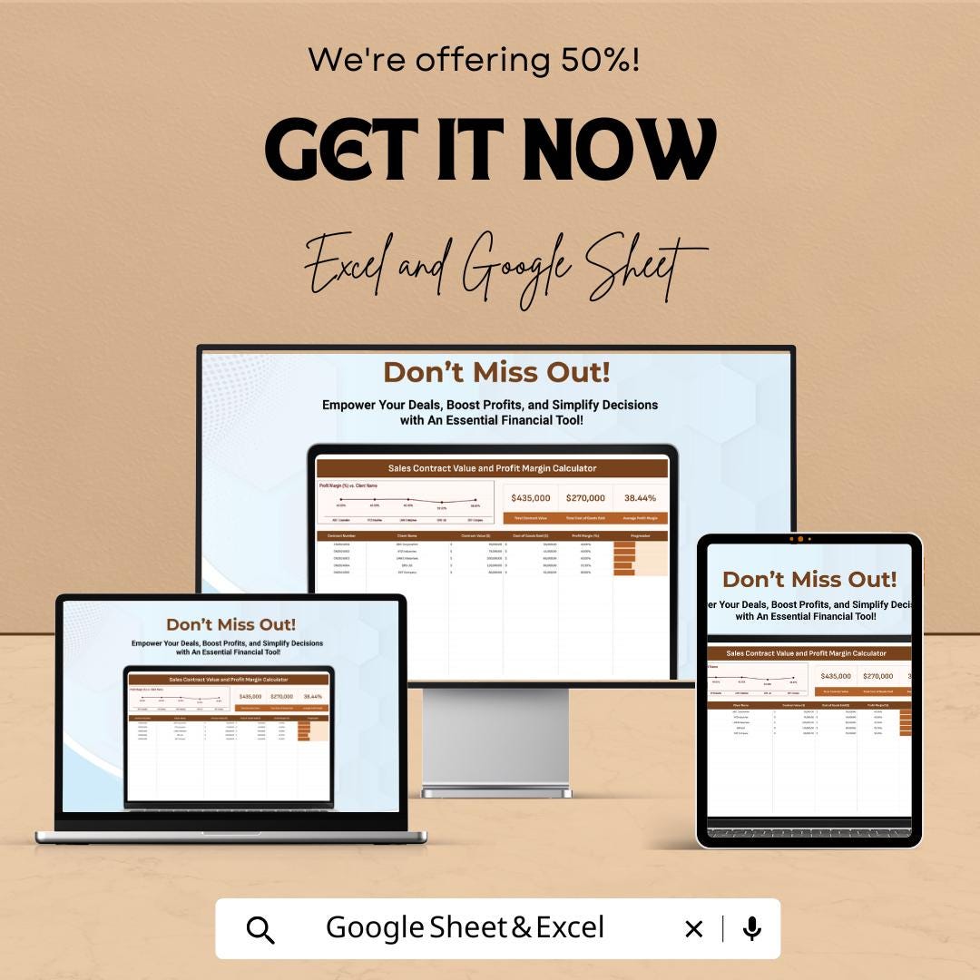 Sales Contract Value and Profit Margin Calculator Template, , Profit Tracker, Contract Value Spreadsheet, Business Profit Tool