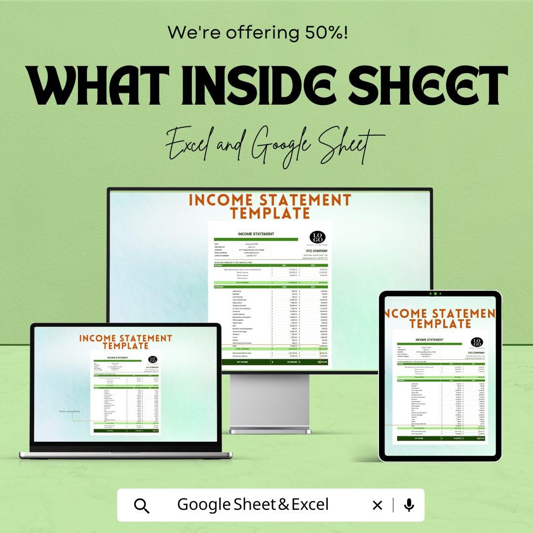 Income Statement Sheet | Excel & Google Sheet Template for Financial Reporting | 50% Off Now