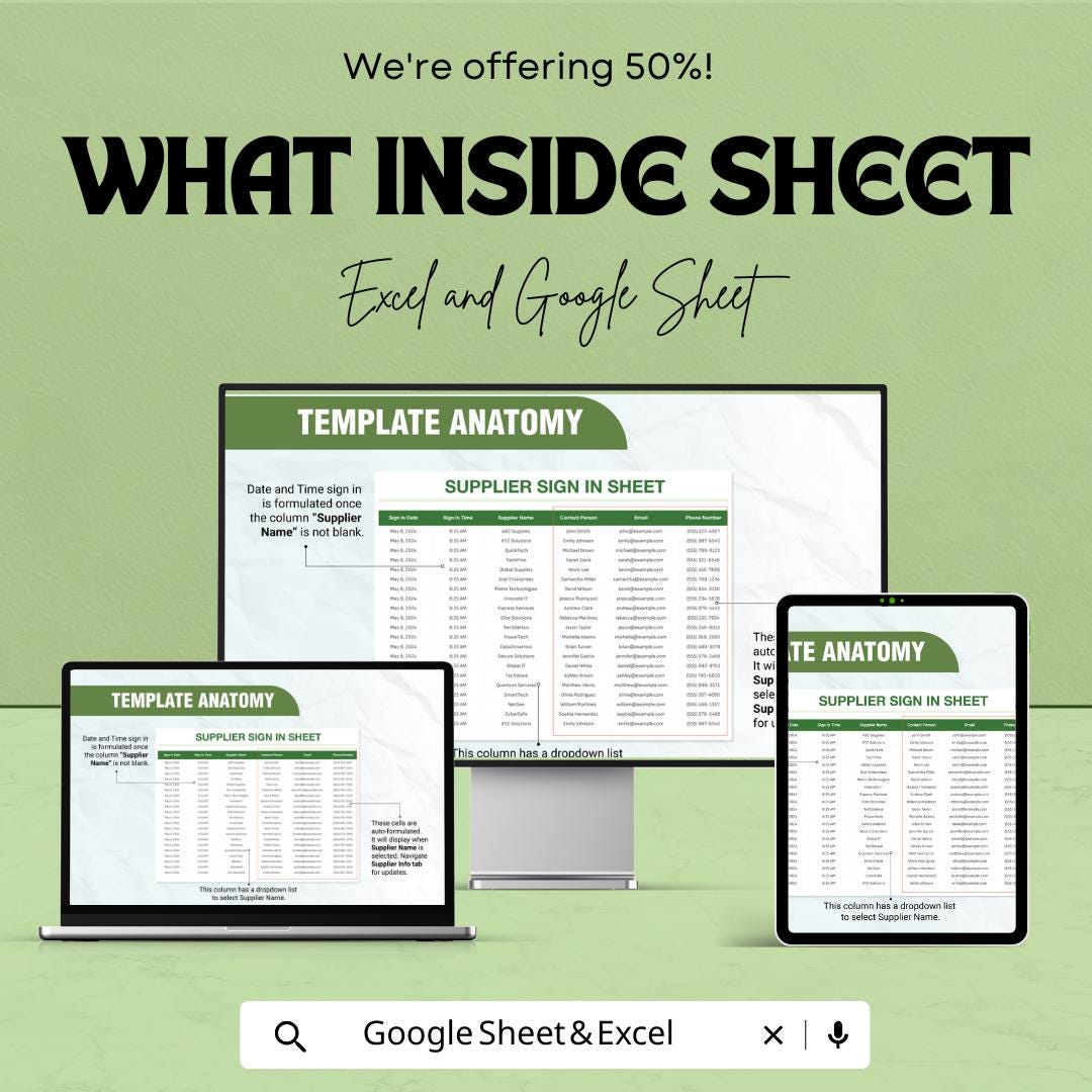 Supplier Sign In Sheet Template | Vendor Log Sheet | Excel and Google Sheets | Supplier Attendance Register | Business Tracking Template