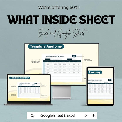Basketball Sign-In Sheet Template | Excel and Google Sheets | Track Player Attendance & Team Info | Editable | Instant Download