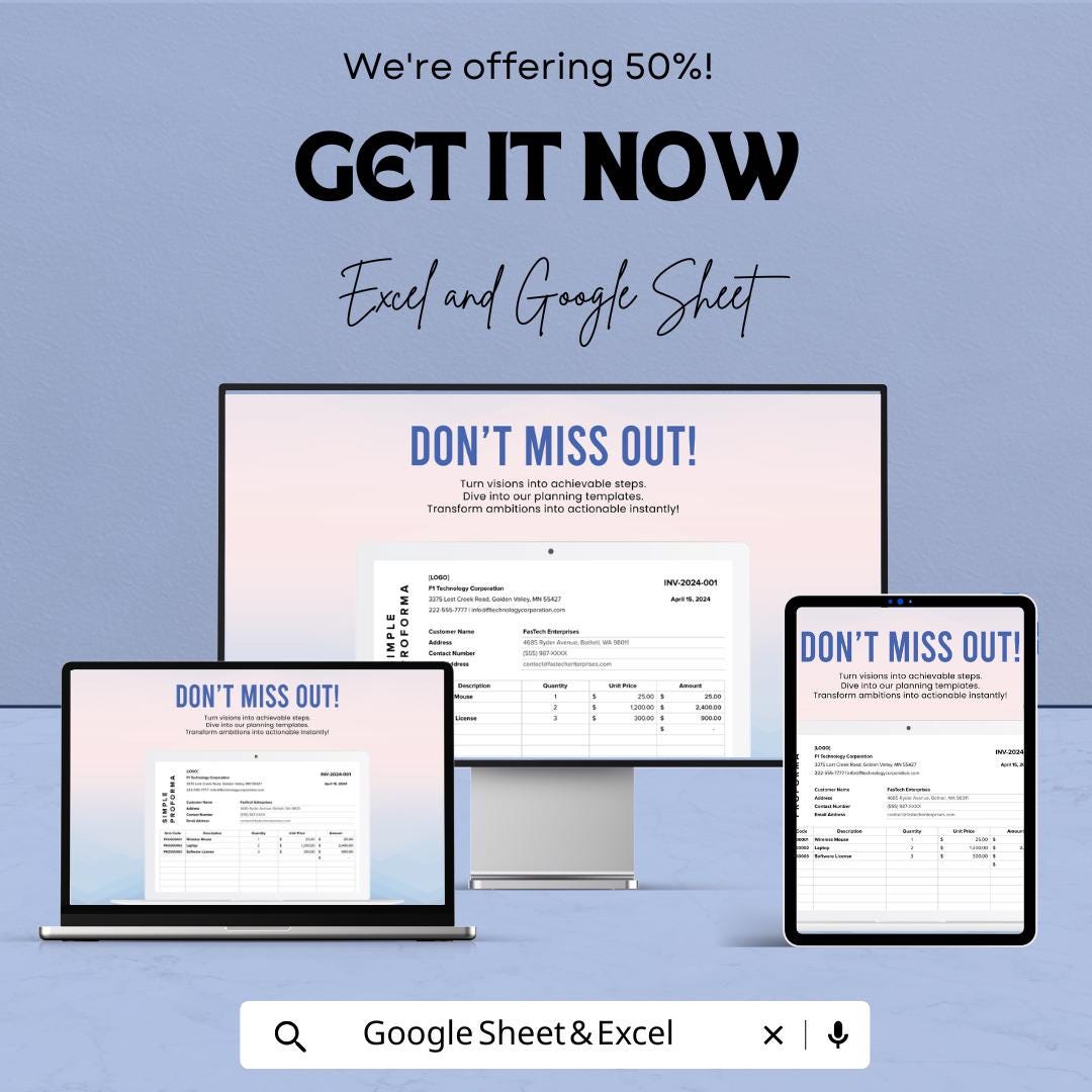 Simple Proforma Invoice Template | Google Sheets & Excel | Business Sales Quote Form | Editable Price Estimate | Professional Billing Format