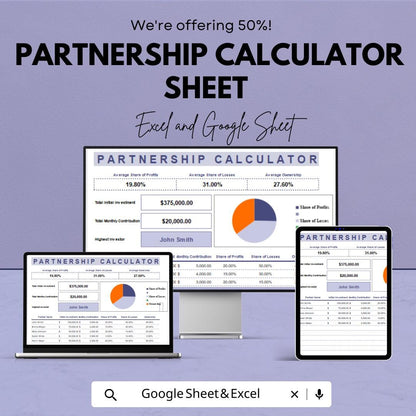 Partnership Calculator Template | Profit and Loss Distribution Calculator for Excel & Google Sheets