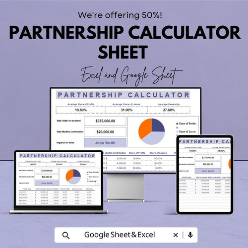 Partnership Calculator Template | Profit and Loss Distribution Calculator for Excel & Google Sheets