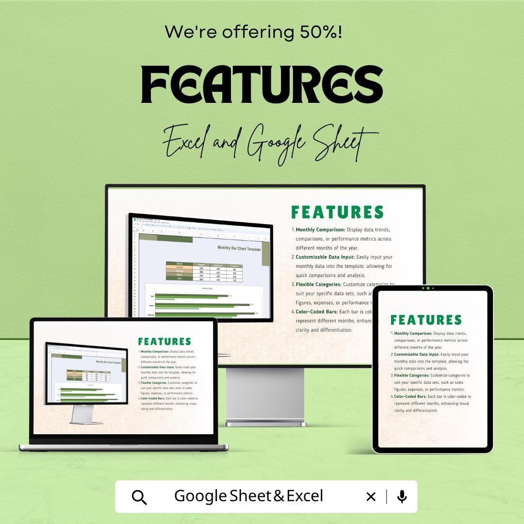 Monthly Sales Tracker Excel Template | Bar Chart Dashboard Google Sheets | Monthly Report Spreadsheet | KPI Performance Tracker |