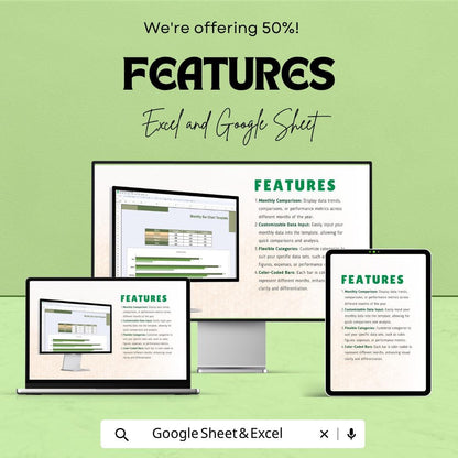 Monthly Sales Tracker Excel Template | Bar Chart Dashboard Google Sheets | Monthly Report Spreadsheet | KPI Performance Tracker |