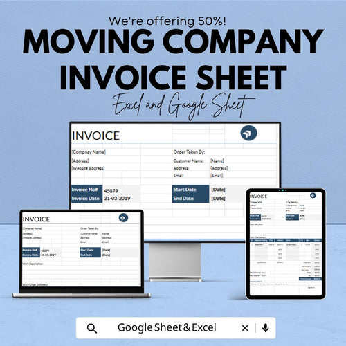 Moving Company Invoice Sheet | Excel & Google Sheets Template | Customizable Invoice for Moving Services