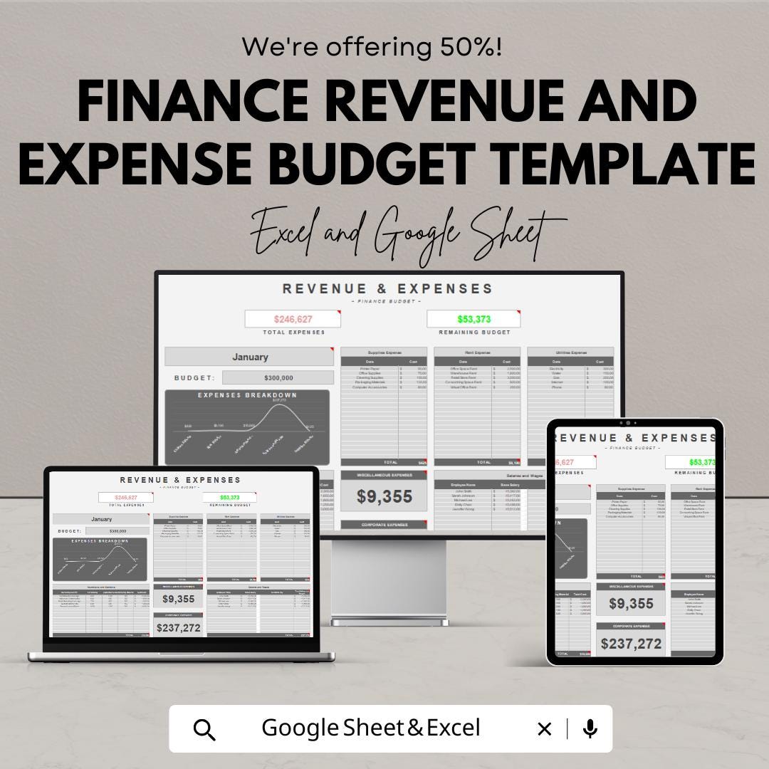 Finance Budget Planner | Revenue & Expense Tracker Template | Business Budget Spreadsheet | Financial Dashboard