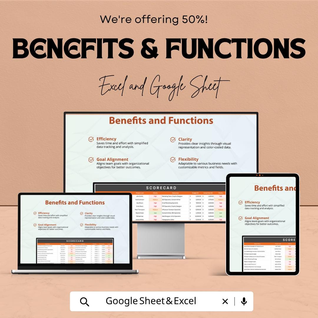 Simple Scorecard Template | KPI Tracker Spreadsheet | Performance Dashboard | Excel & Google Sheets Template | Business Metrics Scorecard