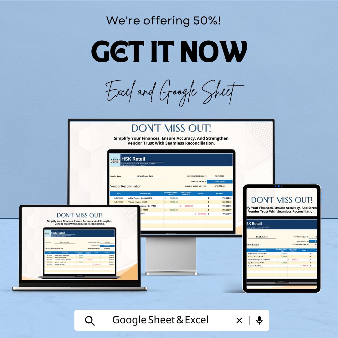 Vendor Reconciliation Template | Accounts Payable Reconciliation Spreadsheet | Supplier Statement Matching | Invoice & Payment Tracker