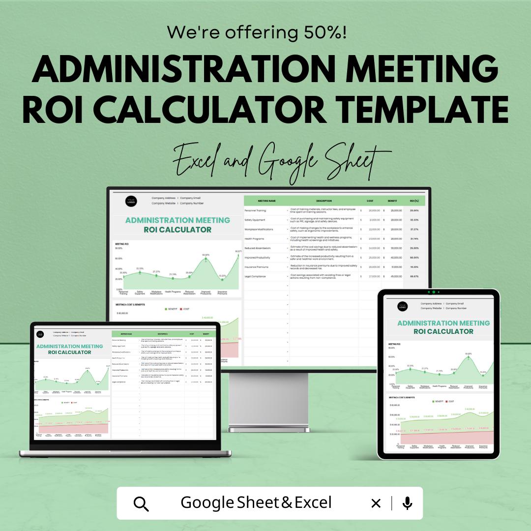 Administration Meeting ROI Calculator Template | Meeting Cost Analysis Spreadsheet | ROI Calculator | Productivity Tracking Tool