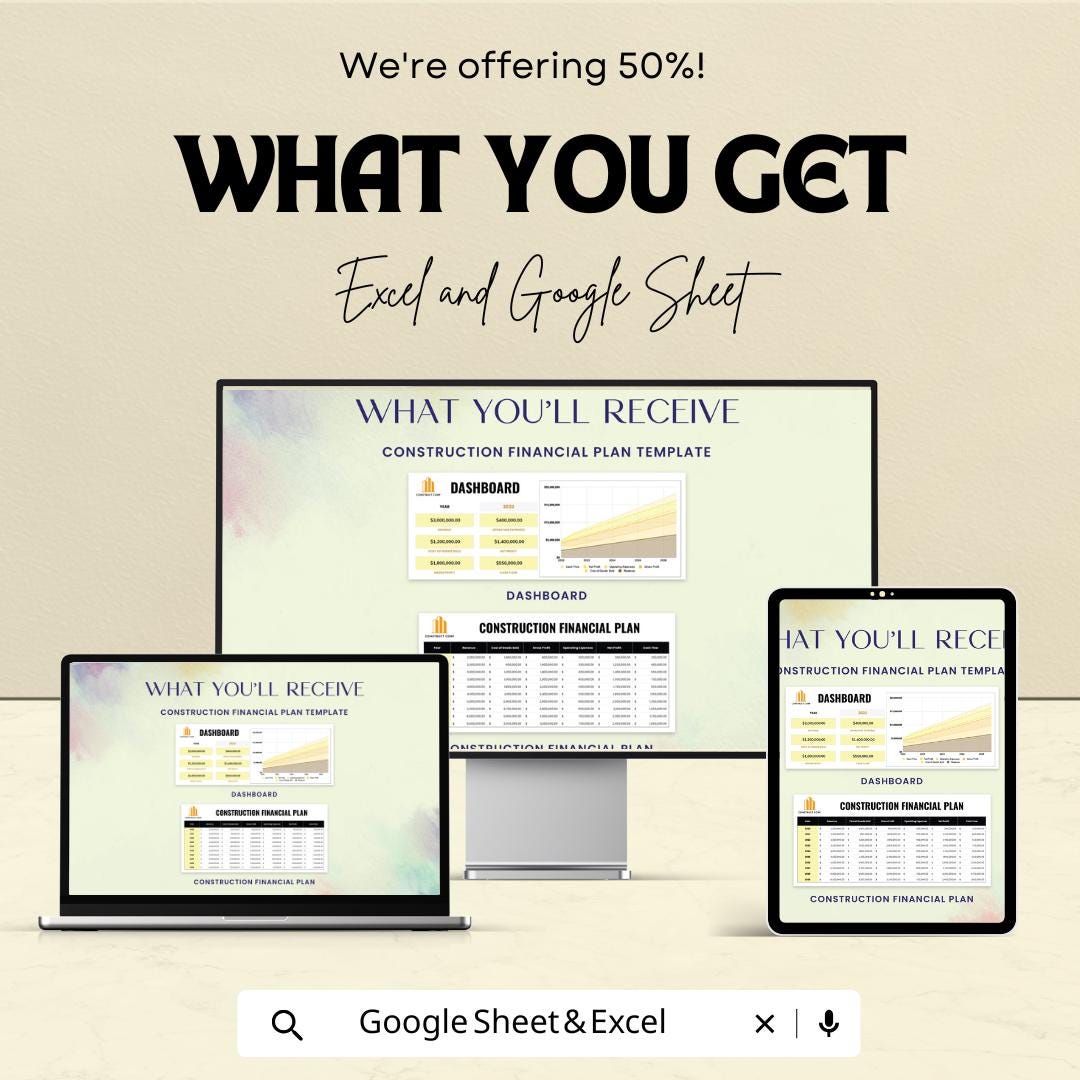 Construction Financial Plan Template | Dashboard Budget Forecast | Excel and Google Sheets | Construction Revenue Expense Cash Flow Planner