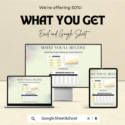 Construction Financial Plan Template | Dashboard Budget Forecast | Excel and Google Sheets | Construction Revenue Expense Cash Flow Planner