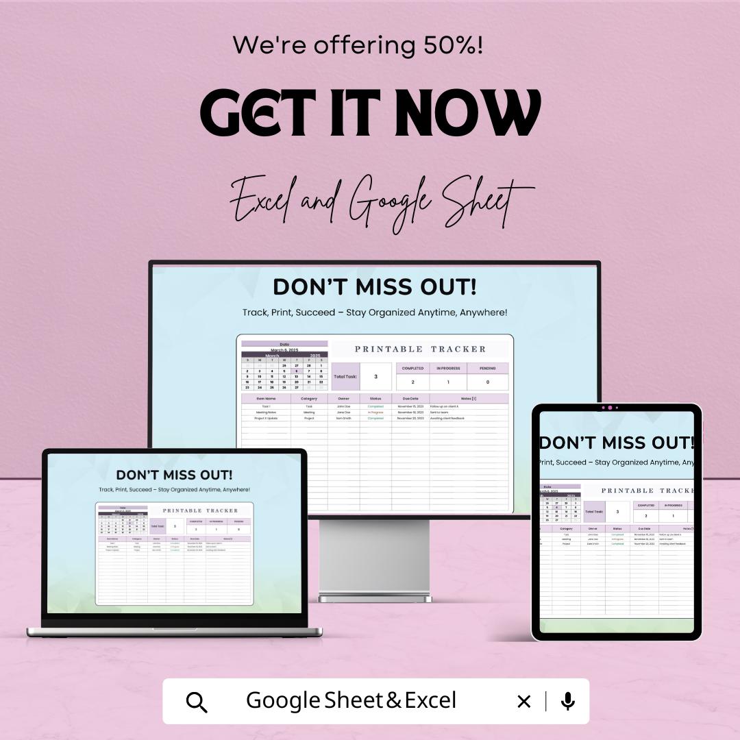 Printable Tracker Sheet - Task and Goal Tracker Template, Excel & Google Sheets, Printable Planner for Organizing Tasks and Deadlines