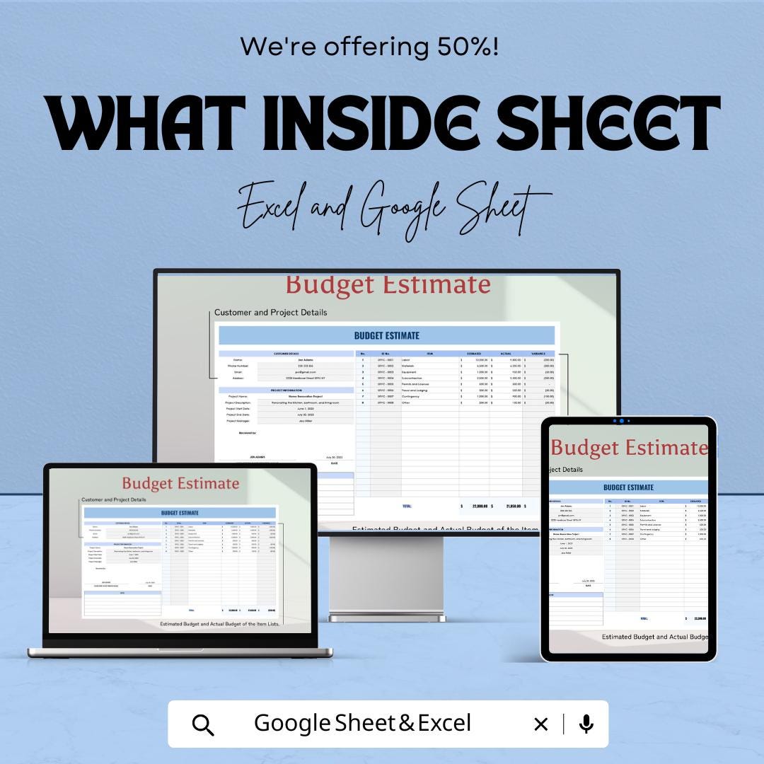 Budget Estimate Template | Excel & Google Sheet | Project Cost Estimation Spreadsheet | Editable Budget Planner | Business Expense Tracker