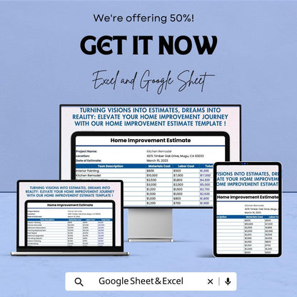 Home Improvement Estimate Template for Excel & Google Sheets – 50% Off – Professional Home Renovation Cost Breakdown