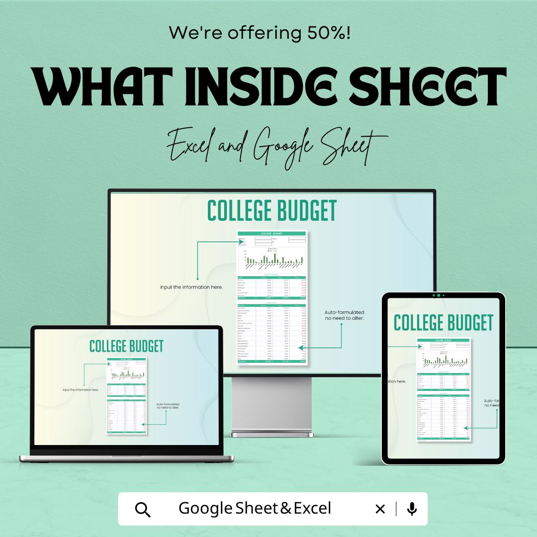 College Budget Template | Student Budget Spreadsheet | Expense Tracker Planner | Excel & Google Sheets | Monthly Budget Planner