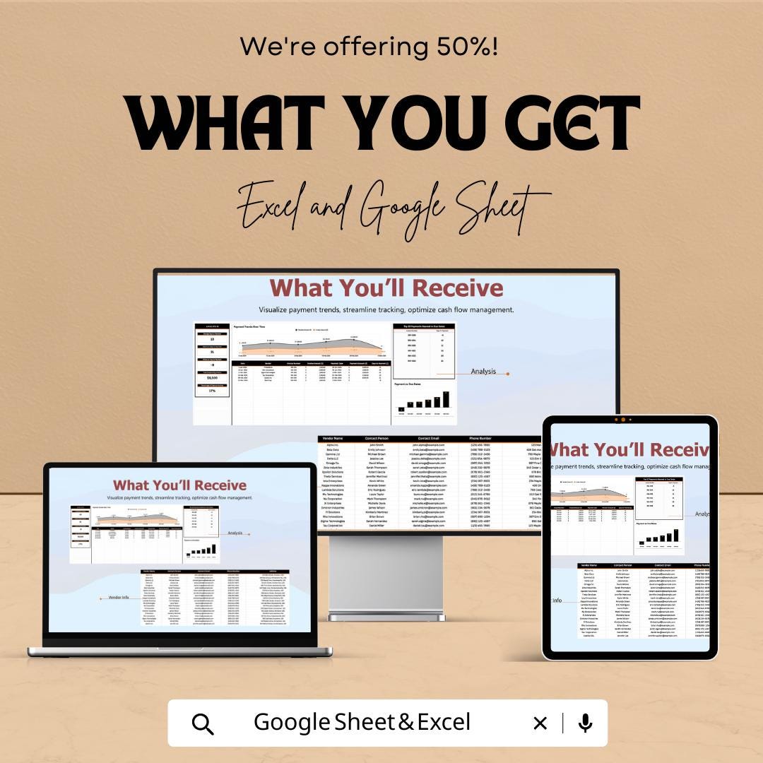 Finance Invoice Payment Timeline Analysis Template,  Accounts Payable Tracker, Cash Flow Analysis, Invoice Tracking Tool