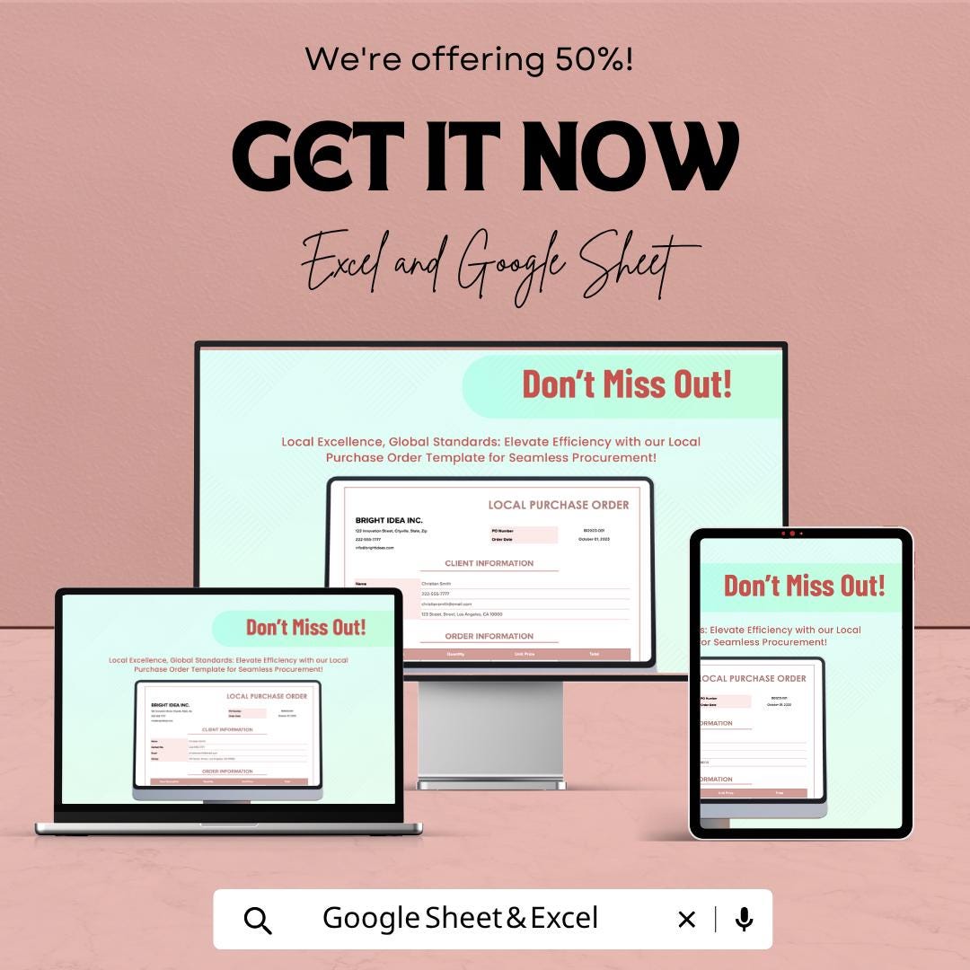 Local Purchase Order Template Excel Google Sheets | Procurement Tracker Spreadsheet | Vendor Order Form | Small Business Purchase Sheet |