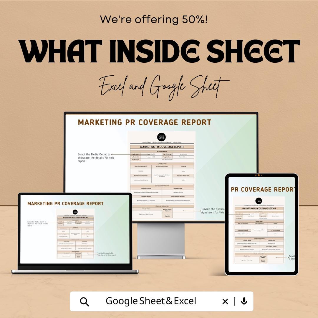 Marketing PR Coverage Report Sheet - Excel & Google Sheets Template - PR Campaign Coverage Tracker for Marketing Professionals