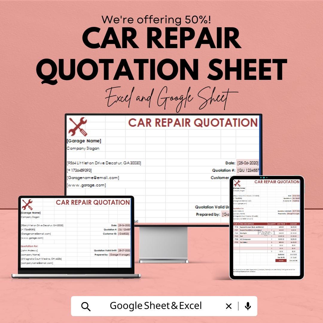 Car Repair Quotation Sheet – Excel & Google Sheets Template for Auto Shop Quotes, Estimates, and Service Pricing