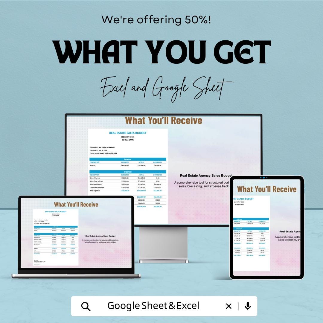 Real Estate Sales Budget Template | Agency Budget Spreadsheet | Property Sales Tracker | Real Estate Business Template