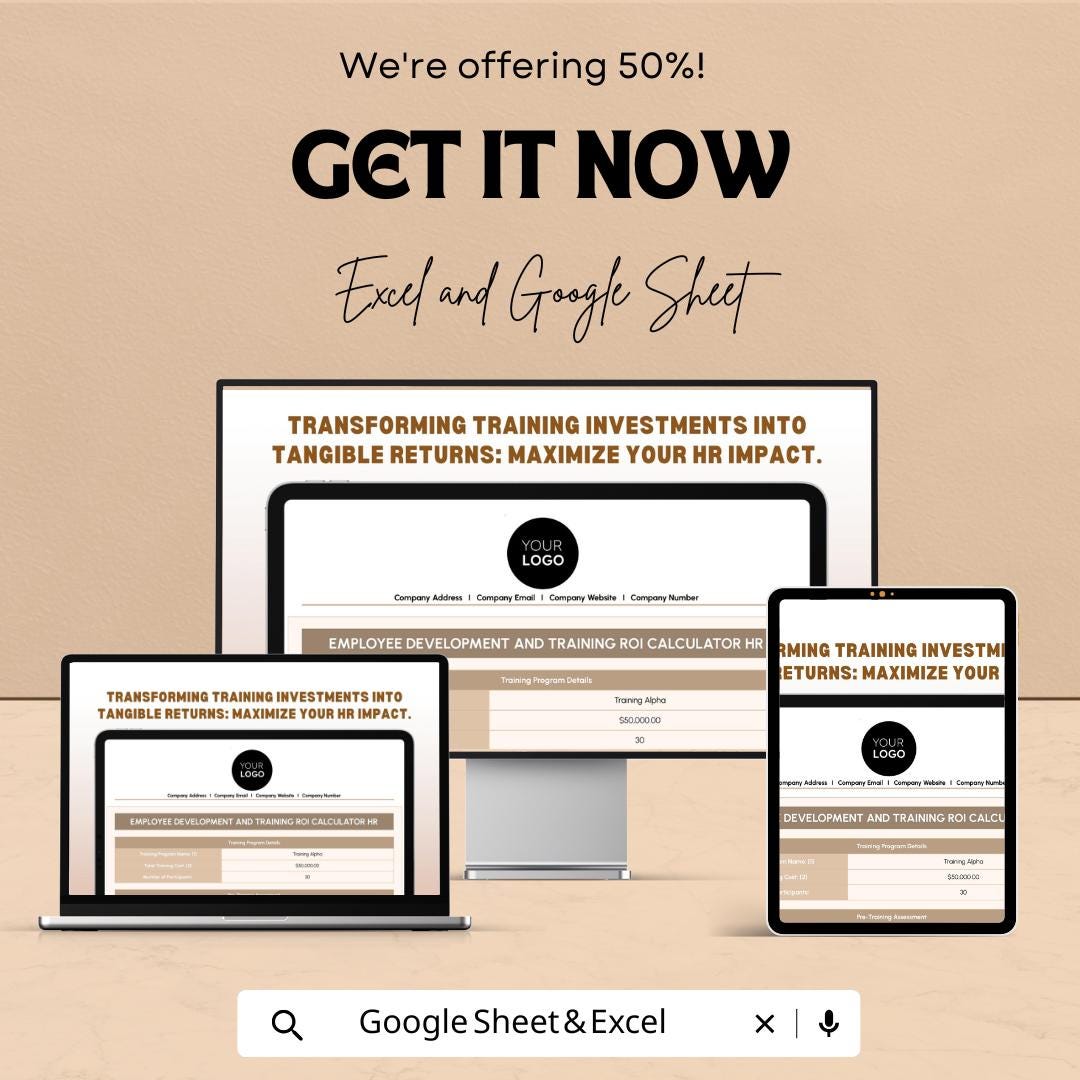 Employee Development and Training ROI Calculator | HR Training ROI Template | Employee Training Cost Analysis | Excel & Google Sheets