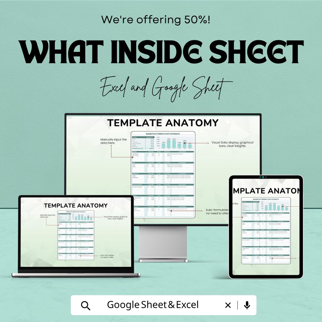 Manufacturing Cost Estimate Template Excel | Production Cost Calculator | Costing Sheet | Product Cost Analysis | Google Sheets Template