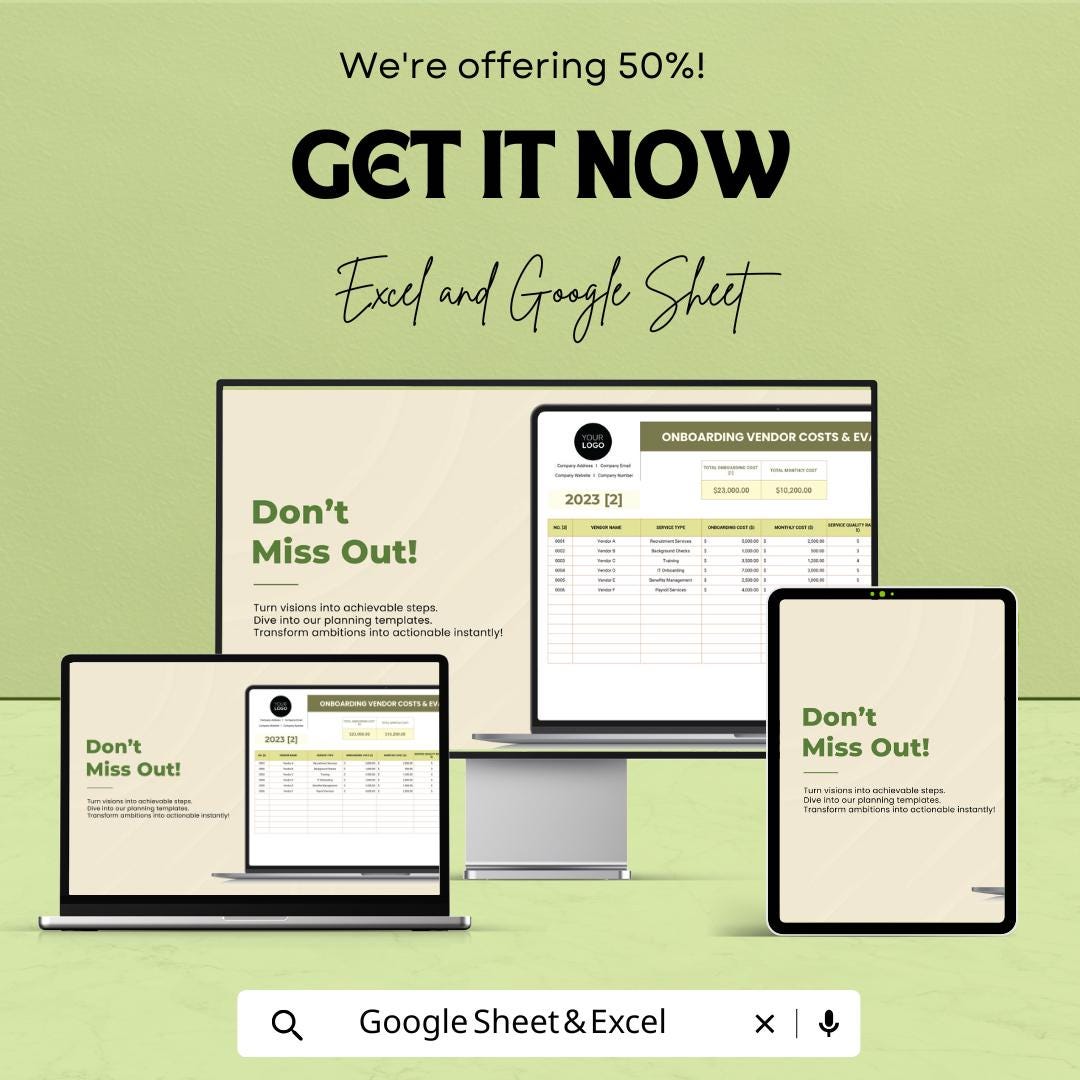 Onboarding Vendor Costs & Evaluation Sheet HR Template | Vendor Cost Tracker | HR Budget Tool | Excel and Google Sheets