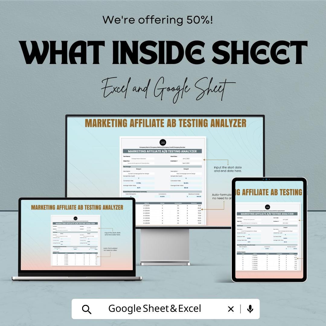 Marketing Affiliate AB Testing Analyzer Template | Marketing Optimization Tool | Analytics Spreadsheet | Conversion Analysis Template
