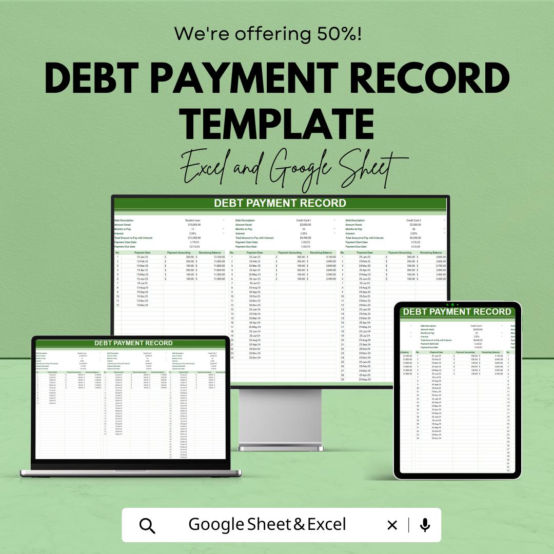 Debt Payment Record Template | Excel & Google Sheets Debt Tracker | Loan Payment Log Spreadsheet | Personal Finance Organizer