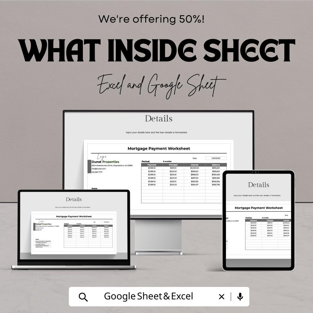 Mortgage Payment Worksheet | Loan Amortization Schedule Template | Home Loan Calculator Spreadsheet | Excel & Google Sheets