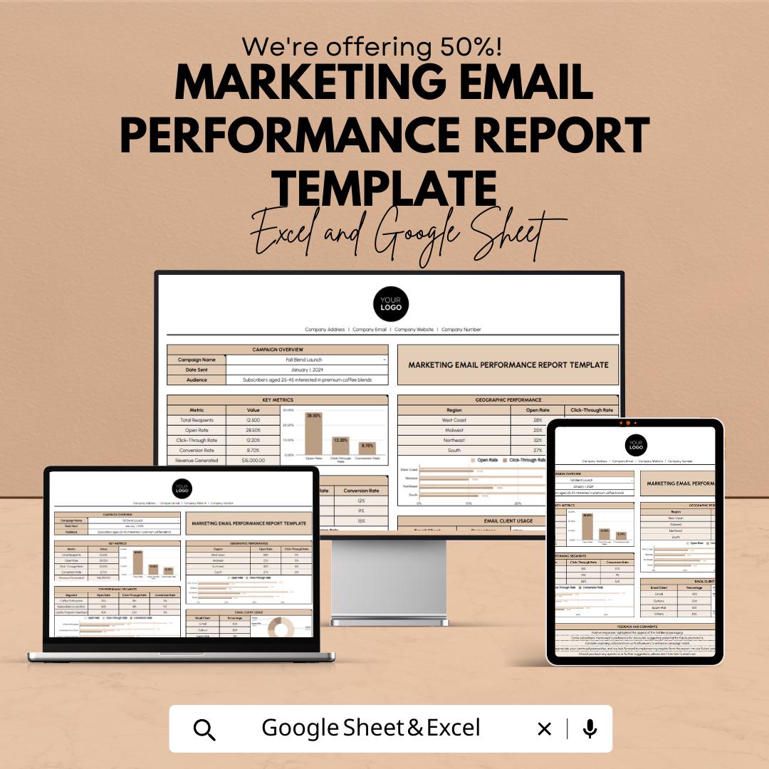 Marketing Email Report Template, Email Performance Tracker, Excel & Google Sheets Campaign Analytics Dashboard, Email Marketing Report