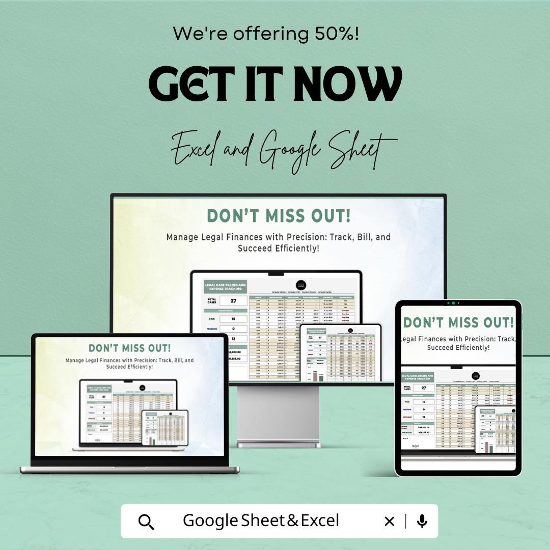 Legal Case Billing and Expense Tracking Sheet | Legal Finance Template | Excel & Google Sheets | Law Firm Billing Tracker
