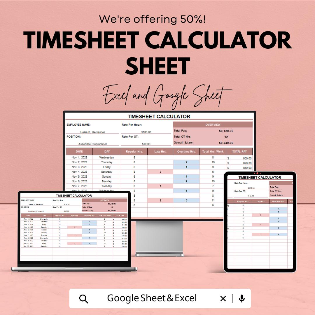 Timesheet Calculator Sheet - Excel and Google Sheets - Employee Time Tracking & Payroll Management - Hours Worked, Overtime,