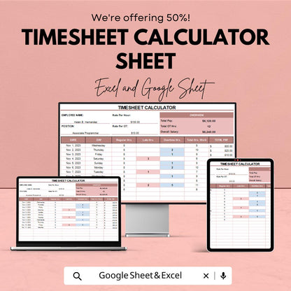 Timesheet Calculator Sheet - Excel and Google Sheets - Employee Time Tracking & Payroll Management - Hours Worked, Overtime,