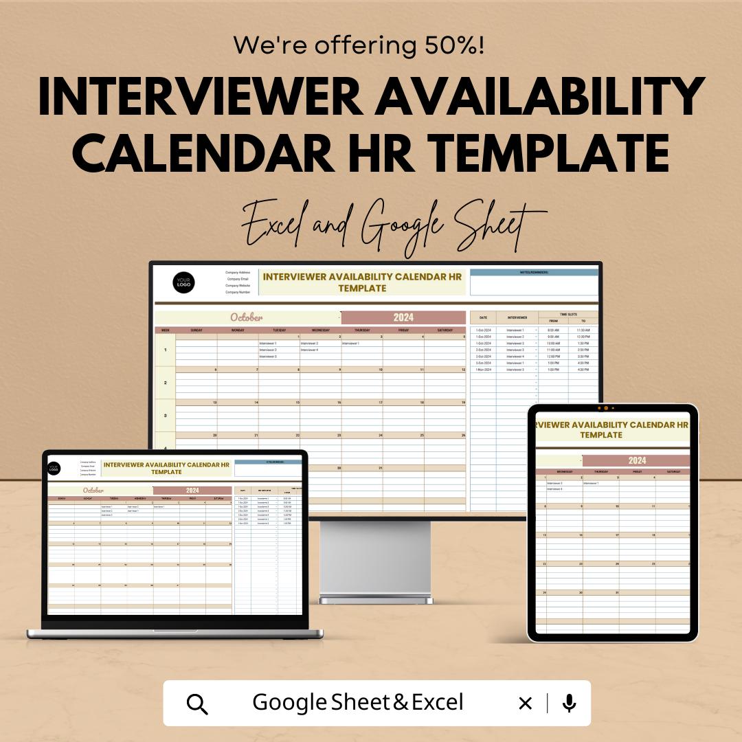 Interviewer Availability Calendar HR Template, Interview Schedule Planner, Recruiter Availability Tracker, Hiring Calendar