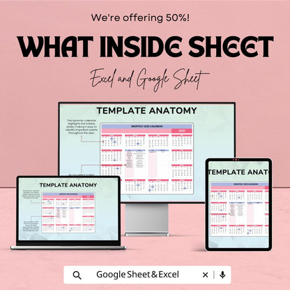 2025 Monthly Calendar Template for Excel & Google Sheets | Instant Download | Yearly Planner | Printable 2025 Calendar | 50% Off