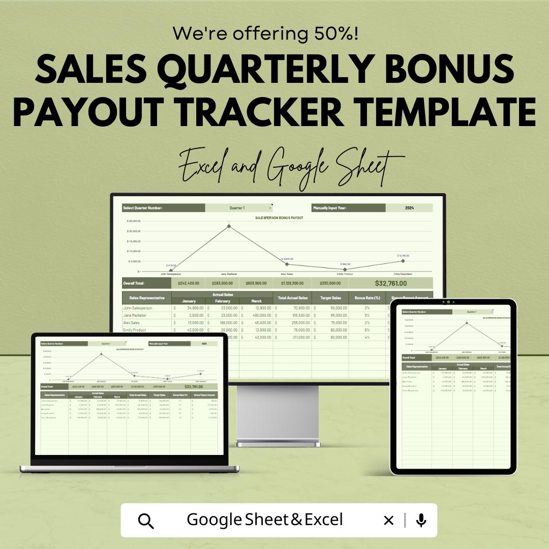 Sales Quarterly Bonus Payout Tracker Template | Excel & Google Sheets Bonus Calculator | Sales Commission Dashboard