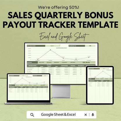 Sales Quarterly Bonus Payout Tracker Template | Excel & Google Sheets Bonus Calculator | Sales Commission Dashboard