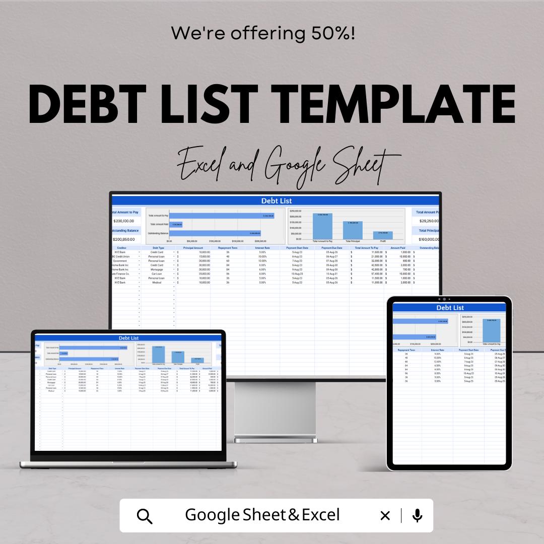 Debt List Template | Excel & Google Sheets Debt Tracker | Debt Payoff Spreadsheet | Personal Finance Organizer | Editable Debt Planner