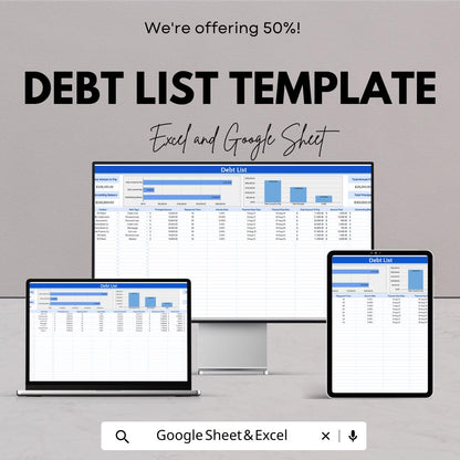 Debt List Template | Excel & Google Sheets Debt Tracker | Debt Payoff Spreadsheet | Personal Finance Organizer | Editable Debt Planner