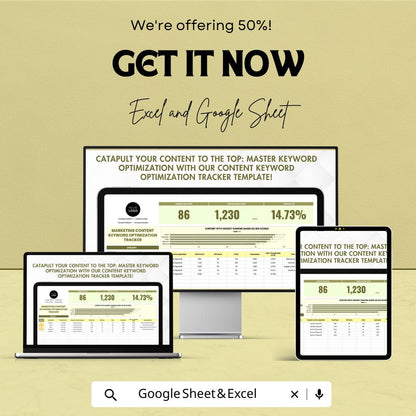 Marketing Content Keyword Optimization Tracker Template | Excel and Google Sheets | SEO Keyword Research & Content Performance Spreadsheet