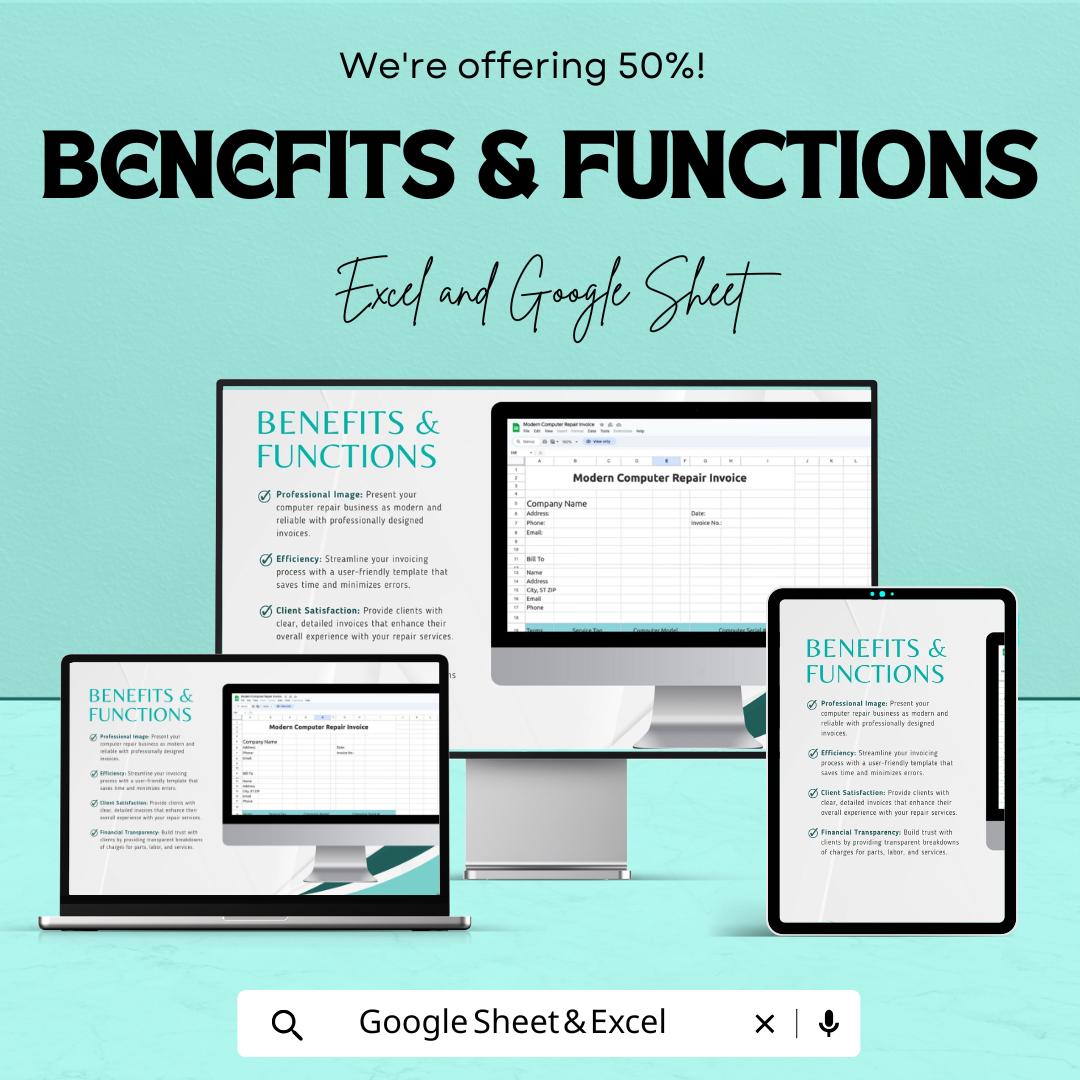 Modern Computer Repair Invoice Template |  Repair Service Billing Template | Printable Invoice Sheet | Auto Calculated