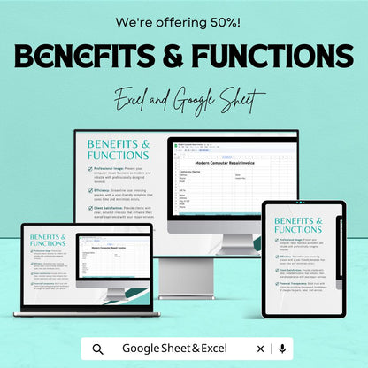 Modern Computer Repair Invoice Template |  Repair Service Billing Template | Printable Invoice Sheet | Auto Calculated