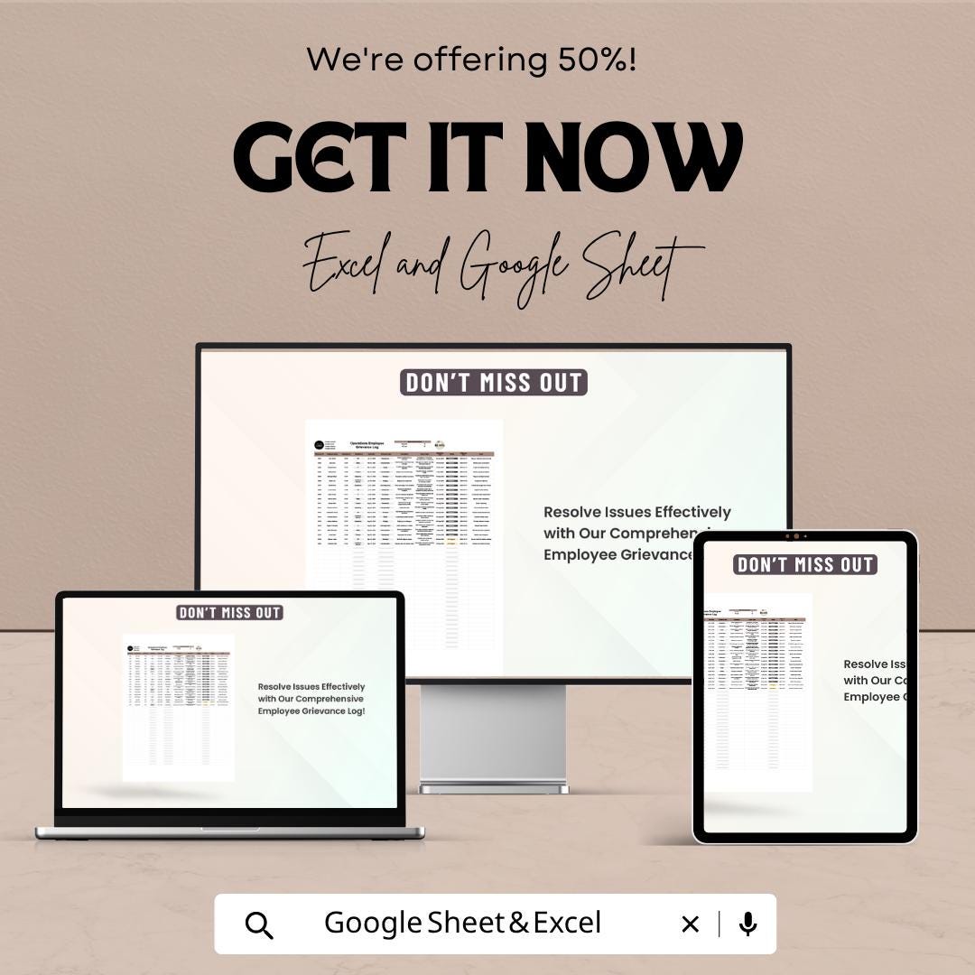 Operations Employee Grievance Log Template | HR Complaint Tracker Spreadsheet | Employee Issue Management Log | Excel & Google Sheets |