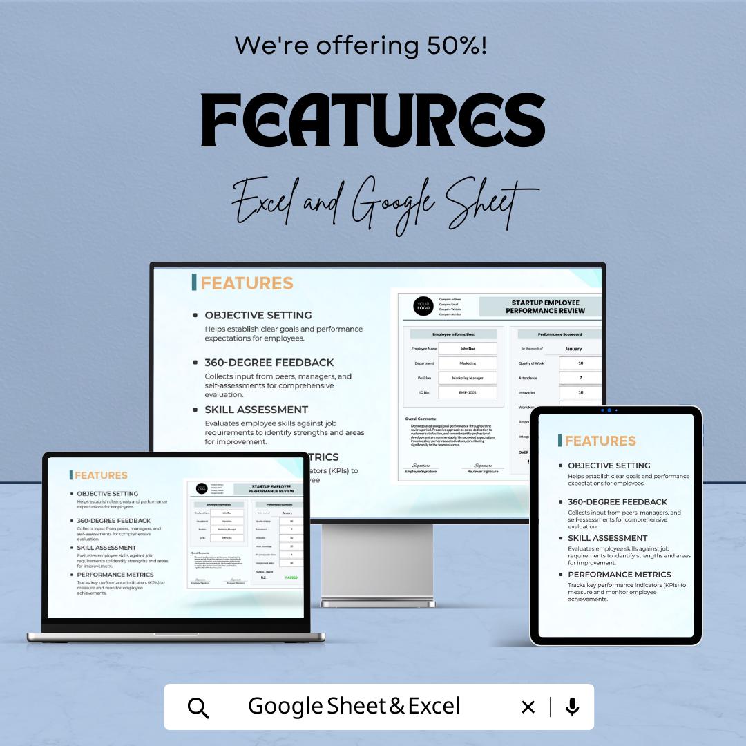 Startup Employee Performance Review Template | Excel & Google Sheets | Employee Evaluation Form | Performance Review Tracker