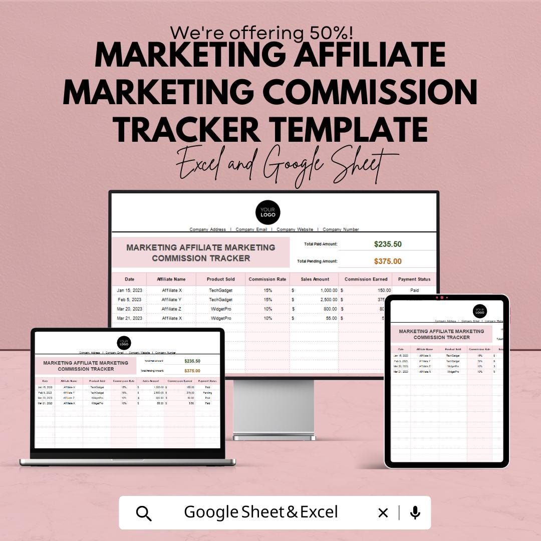 Marketing Affiliate Marketing Commission Tracker Template | Affiliate Payout Tracker | Commission Log | Marketing Performance Template