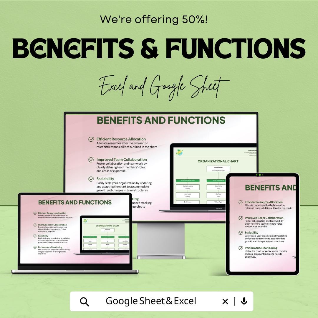Modern Organizational Chart Template - Editable Excel & Google Sheets - Streamline Company Structure, Visualize Team Roles